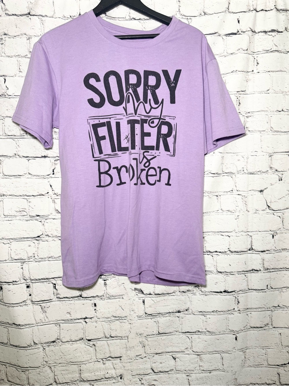 Lilac Graphic Tee - "Sorry My Filter Is Broken". Size XL